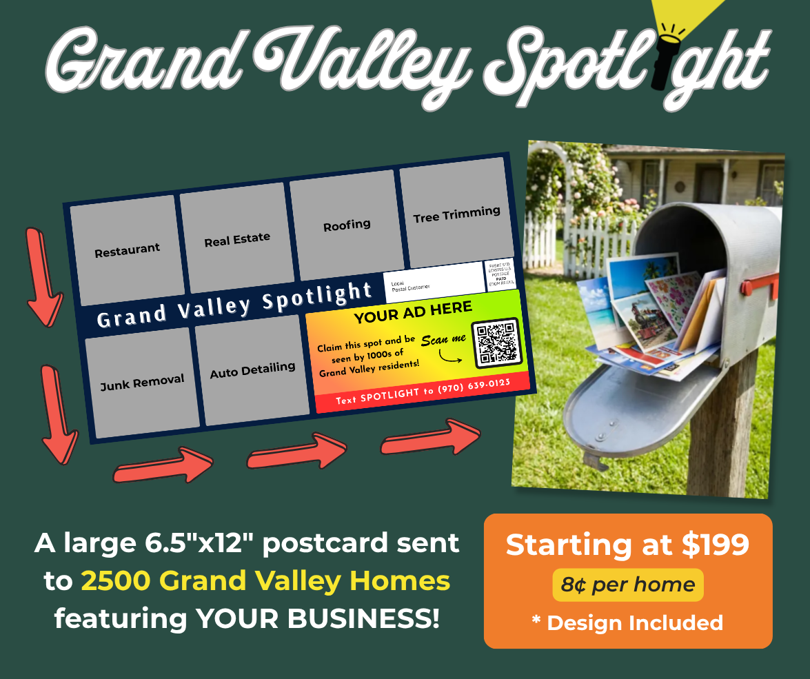 A shared postcard featuring local businesses being delivered to a mailbox.